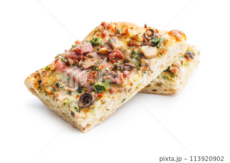 Tasty italian square pizza isolated on white background. Tasty italian square pizza isolated on white background. 113920902