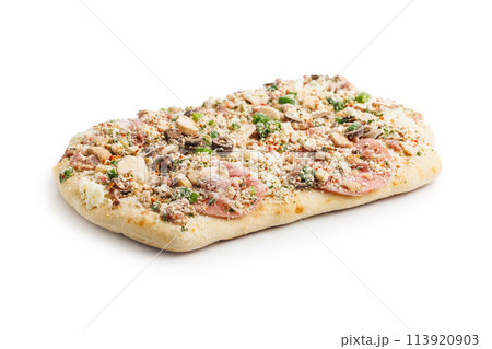 Frozen square pizza isolated on white background. 113920903