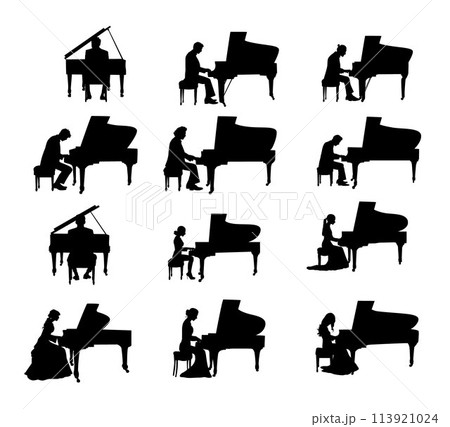 Pianist Silhouette vector, Silhouettes pianist at the piano 113921024