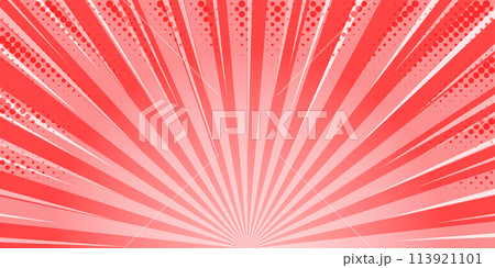 Starburst red comic background. Superhero pop art vector cartoon banner. Striped sun rays retro wallpaper with halftone effect. Radial pink poster. Starburst red comic background. Superhero pop art vector cartoon banner. Striped sun rays retro wallpaper with halftone effect. Radial pink poster. 113921101