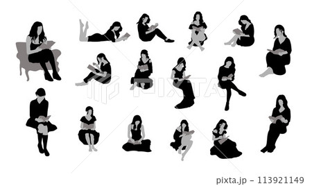 People reading books silhouette, silhouettes of people with a book, people standing, sitting and lying reading book 113921149