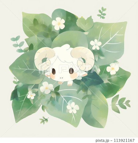 Cute Sheep in Tropical Leaves. Illustration of Ram in Pastel Colors. 113921167