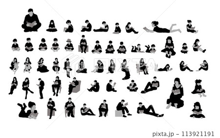 Set of people reading books silhouette, silhouettes of people with a book, people standing, sitting and lying reading book 113921191
