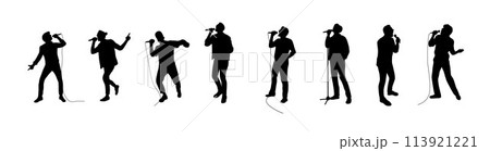 Man singing karaoke with micro, happy singer silhouette, Man and woman singer silhouette, male female singing on mic 113921221