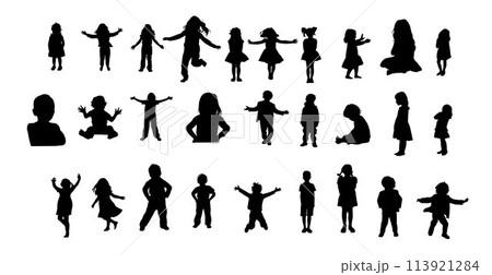 Kid silhouette, Vector silhouette of children, children standing silhouettes Kid silhouette, Vector silhouette of children, children standing silhouettes 113921284
