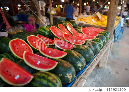 Watermelon for sale at local tropical fruit market 113921300