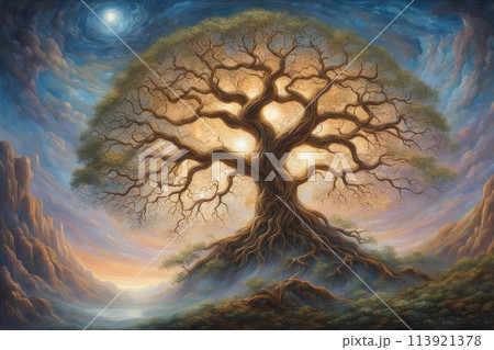 Big tree silhouette, sunset, tree on meadow at sunset Big tree silhouette, sunset, tree on meadow at sunset 113921378