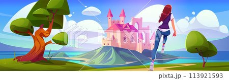 Young woman running to ancient castle 113921593