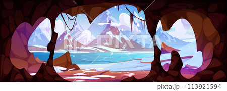 View from inside of cave on winter landscape 113921594