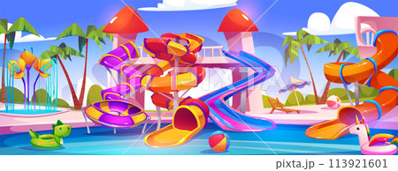 Swimming pool with slides at summer resort 113921601