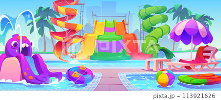 Summer waterpark with water pools and slides. 113921626