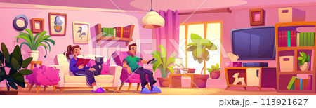 Woman in pink home living room interior with sofa 113921627