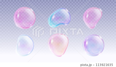 3d pink soap ball. Realistic rainbow water bubble 113921635