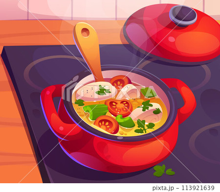 Red pan with vegetables soup on kitchen stove Red pan with vegetables soup on kitchen stove 113921639