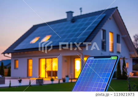 Modern Home with Solar Panels at Twilight Modern Home with Solar Panels at Twilight 113921973