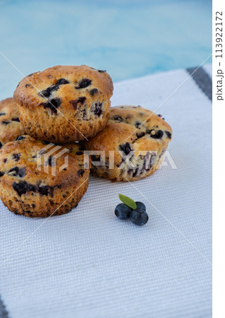 Homemade baked fresh blueberry muffins. Tasty pastry sweet cupcake dessert. Berry pie cupcakes with organic berries. Gluten free healthcare recipe from alternative flour  113922172