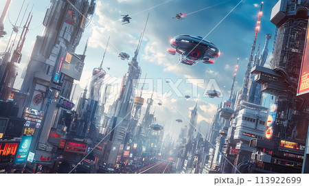 Futuristic Cityscape With Flying Vehicles and Neon Billboards 113922699