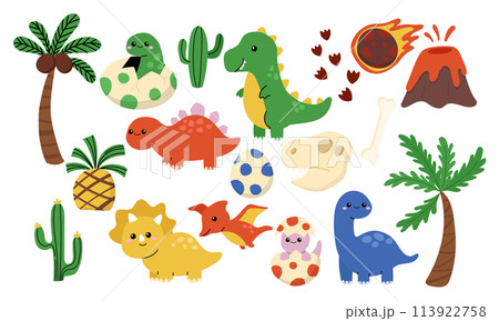 Cute prehistoric dinosaur character element set 113922758