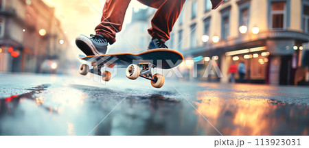 Skateboarder Performing a Trick on a City Street at Twilight 113923031