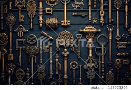 Keys. Lots of keys. Different kinds of keys and locks. Generative ai 113923293