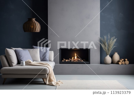 a beautiful fireplace and sofa in the living room 113923379