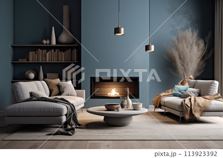 a beautiful fireplace and sofa in the living room 113923392