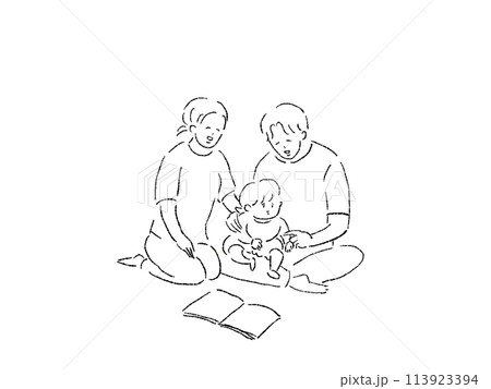 小さい子供を膝に乗せて座る男性(お父さん)と座る女性(お母さん)、線画 小さい子供を膝に乗せて座る男性(お父さん)と座る女性(お母さん)、線画 113923394