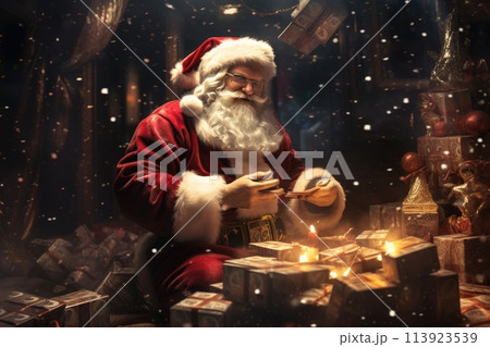 a christmas scene of santa claus with gifts 113923539