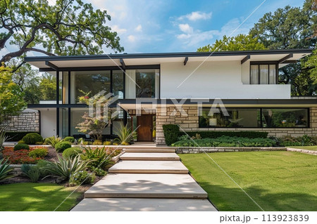 Modern house with gable roof and stone front garden, the essence of a classic yet simple architectural style. 113923839