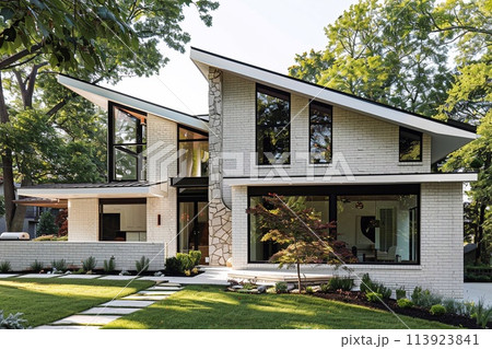 Modern house with gable roof and stone front garden, the essence of a classic yet simple architectural style. 113923841