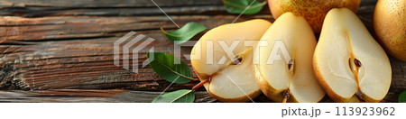Fresh scliced yellow pear with green leaves on wooden background. Close up view, panorama banner, copy space, AI Generative 113923962