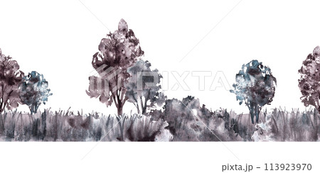 Landscape border with field, meadow, bushes, trees, grass. Seamless pattern Watercolor monochromatic vintage rural nature clipart for packaging label Hand draw illustration. Isolated white background 113923970