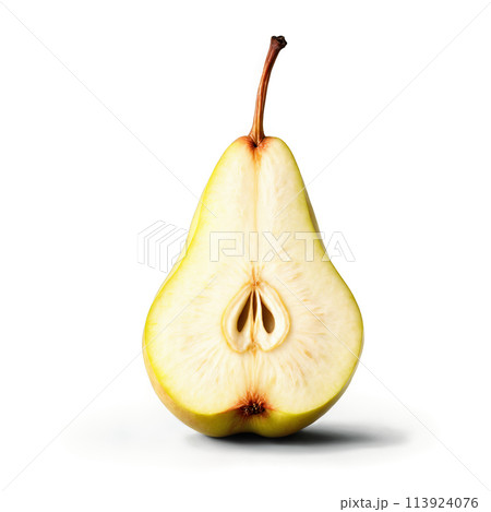 Pear with sliced half and core exposed in juicy flesh levitating Food and culinary concept 113924076