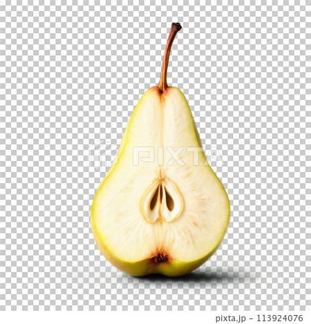 Pear with sliced half and core exposed in juicy flesh levitating Food and culinary concept 113924076
