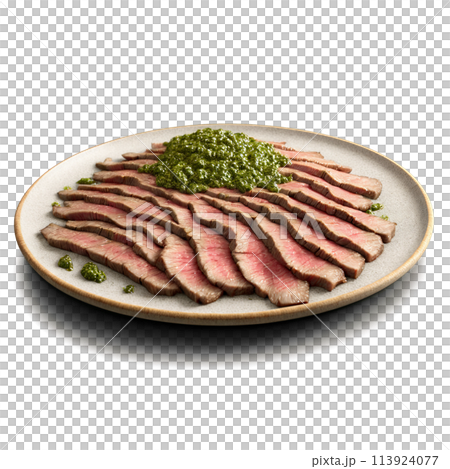 Flank steak thin slices cut against grain chimichurri drizzling Food and Culinary concept 113924077