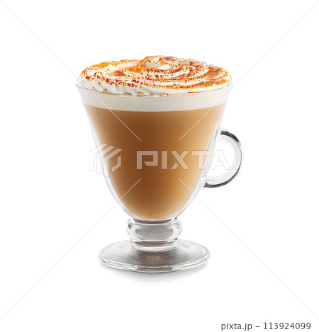 Pumpkin spice latte in a clear glass cup featuring a warm autumnal color and a 113924099