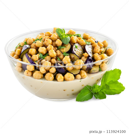 Roasted eggplant and chickpea salad with roasted eggplant chickpeas and fresh mint tossed in a 113924100