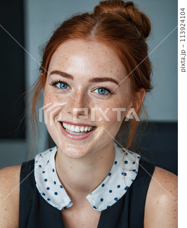 Redhead woman office portrait. Happy smiling lady with freckles and vibrant redhead braids portrait on workplace. 113924104