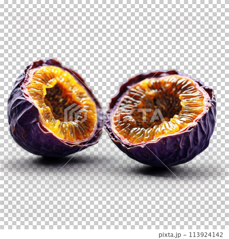 Dried passion fruit halves dark purple with a wrinkled surface spinning dynamically like miniature planets 113924142