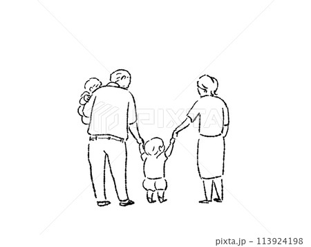 小さい子供（孫）を抱く高齢男性と子供と手を繋ぐ高齢女性の後ろ姿、（祖父母と二人の孫）、線画 113924198