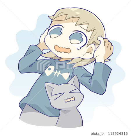 あわてる女性と猫 あわてる女性と猫 113924316