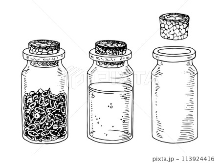 Essential Oil bottles Vector set. Black line art drawing of medicinal flower extract. Outline illustration of dried lavender. Sketch on isolated white background. Hand drawn editable clipart 113924416