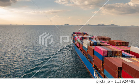 Aerial view cargo container ship, Container cargo vessel ship carrying container for import export logistic freight shipping, Global business logistic sea freight shipping logistic cargo vessel. Aerial view cargo container ship, Container cargo vessel ship carrying container for import export logistic freight shipping, Global business logistic sea freight shipping logistic cargo vessel. 113924489