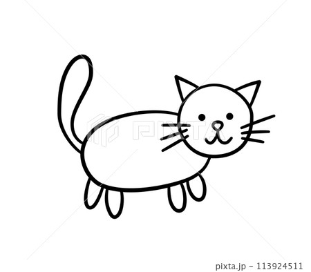 Hand drawn cat. Children kitty in doodle style. Children doodle line drawing. Baby funny cat paint. Vector illustration isolated on white background 113924511