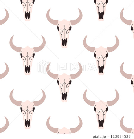 Seamless pattern with bull skull. Vector print with skull. Wild West in hand drawn style. 113924525