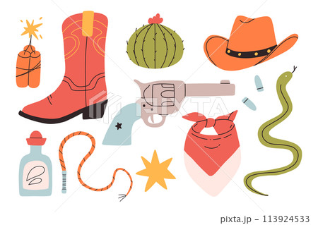 Set of wild west elements. Vector clip arts of wild west cowboy. Collection of isolated texas and arizona elements. Set of wild west elements. Vector clip arts of wild west cowboy. Collection of isolated texas and arizona elements. 113924533