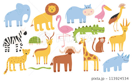 Set of safari animals. Jungle animals collection. African animals. Vector illustration. Flat style. Set of safari animals. Jungle animals collection. African animals. Vector illustration. Flat style. 113924534