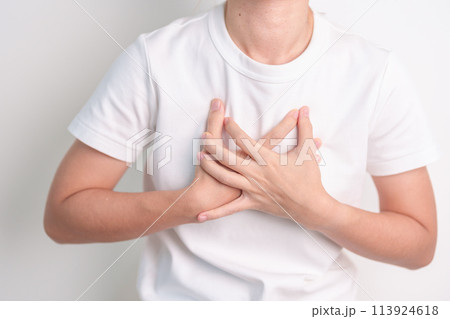 Woman hold Chest pain due to Respiratory and Cardiovascular system failure. Lung Cancer, Asthma disease, Chronic Obstructive Pulmonary or COPD, Bronchitis, Cystic Fibrosis, Bronchiectasis, Pneumonia 113924618