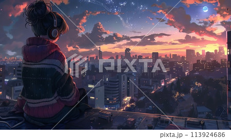 夜景を眺める女の子 113924686