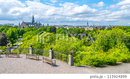 A peaceful view from King Oscar Terrace in Skansen showing wooden benches, lush trees, and distant city architecture under a bright blue sky. Stockholm, Sweden 113924899